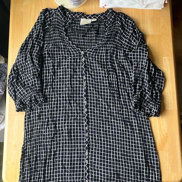 Anthropologie Maeve Sarah Navy & White Windowpane Smock Shirt Dress Medium - Picture 1 of 5